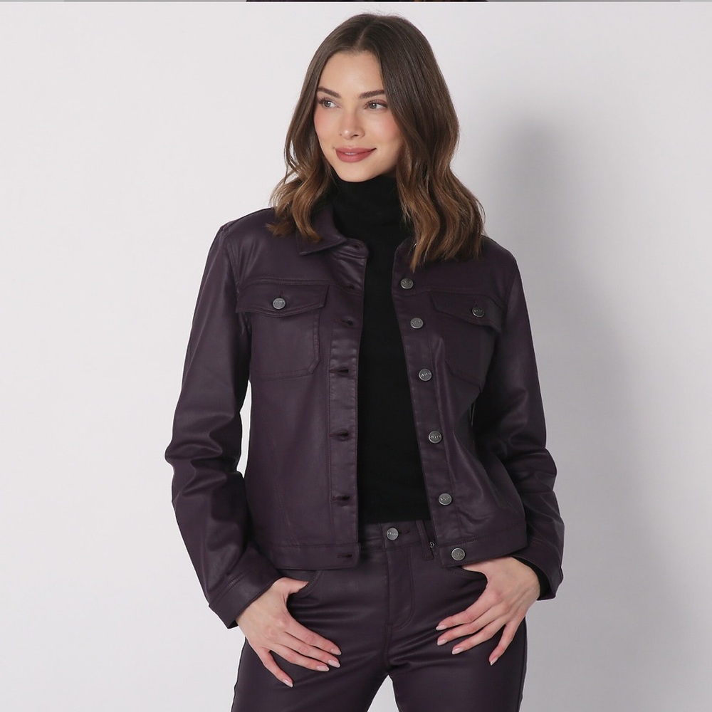 NWT🍆 NYDJ Purple Eggplant Coated Stretch Denim Jean Jacket Faux Leather, Size 0X